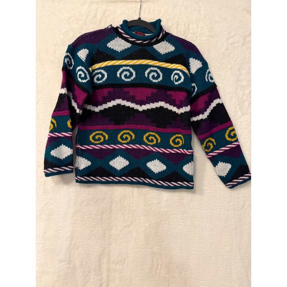 Vintage Grand Sweater Made in USA 90s Geometric Southwestern Knit Mock Neck Teal